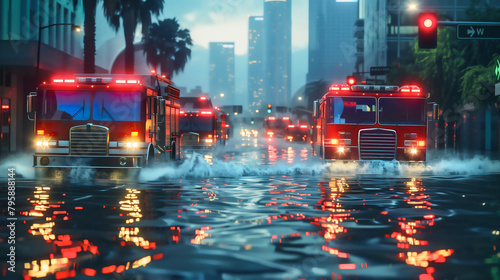 Fire trucks moving on the flooded downtown street responding on emergency call during severe stormy and rainy weather
