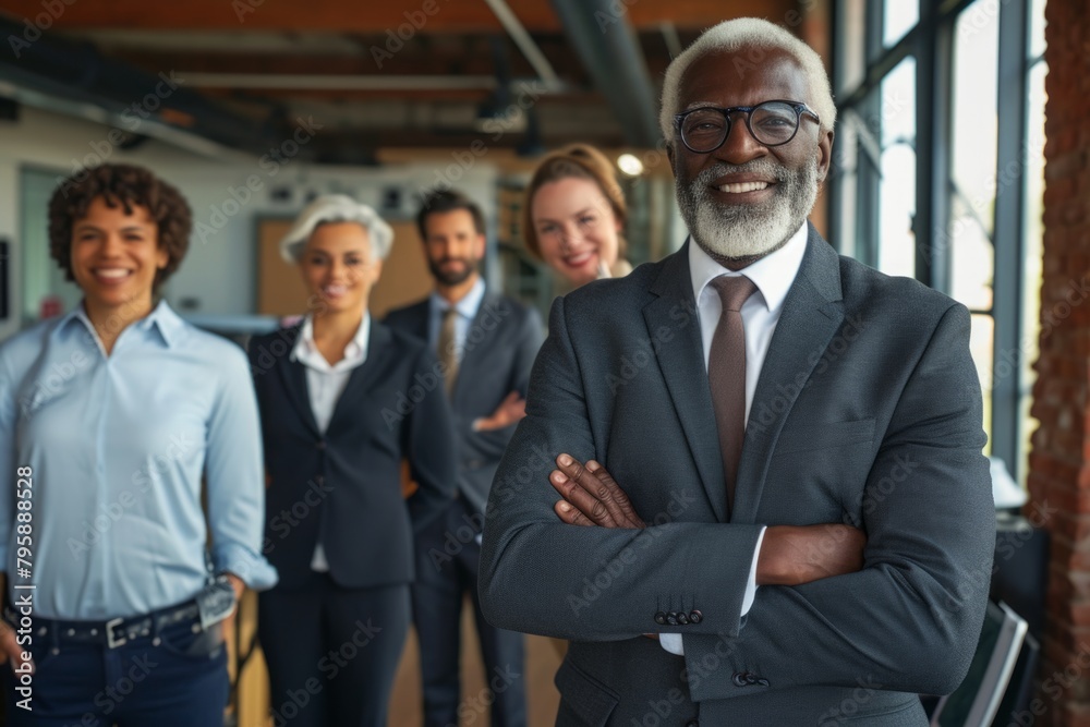 Portrait of a smiling senior businessman standing with his team in the background at office Portrait of a smiling senior businessman standing with his team in the background at office