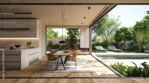 Minimalist modern kitchen with expansive views of an outdoor swimming pool and lush terrace