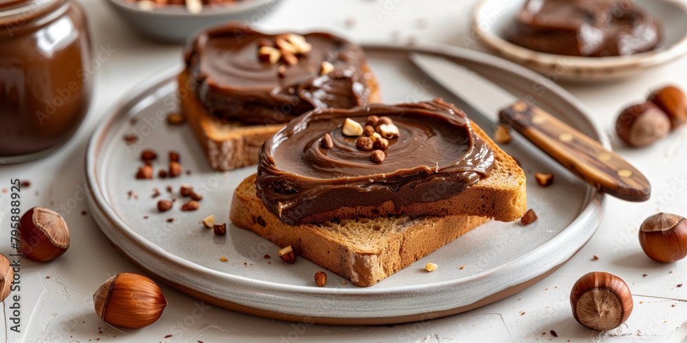 Culinary Photography of Hazelnut Chocolate Spread on Toast, Smooth Chocolate Spread Over Bread with Hazelnut Pieces for Breakfast Inspiration