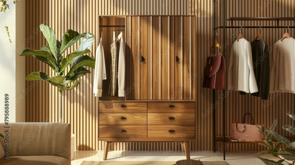 Modern home decor with a wooden cabinet, clothes arranged on rails in a refined setting Modern home decor with a wooden cabinet, clothes arranged on rails in a refined setting