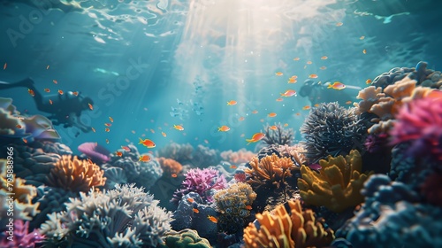 Captivating Underwater Coral Reef Scene with Vibrant Marine Life and Sun Rays © pisan thailand