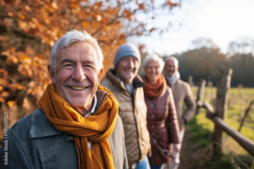 Portrait of happy senior couple with their family in the countryside.
