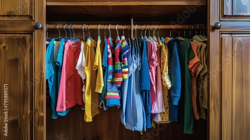 Open wooden wardrobe door reveals rows of small, vibrant clothes for kids © Paul
