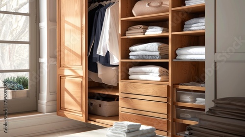 Open wooden cabinet filled with neatly arranged clothes, blending style with functionality