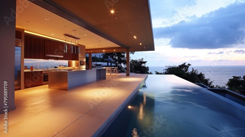 Sleek modern kitchen design with an open terrace leading to a pristine swimming pool © Paul