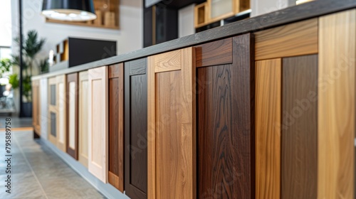 Sleek row of modern and vintage luxury wood cabinet doors showcased in market settings