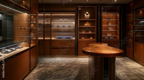Sleek, modern cabinet doors with a high-end wood finish, beautifully arranged in a market showcase