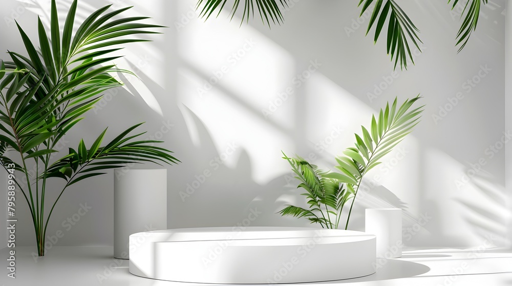 Natural Tropical Foliage and Greenery in Minimal Indoor Setting with Soft Shadow and Light Effects