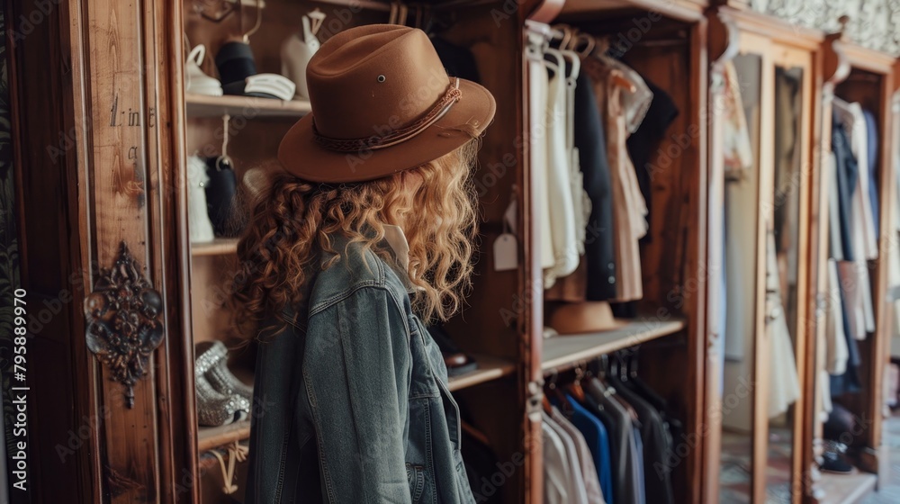 Stylish young lady browsing through an elegant wooden cabinet filled with hanging garments