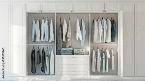 Spacious white wardrobe, doors ajar, showcasing an array of clothes hanging gracefully
