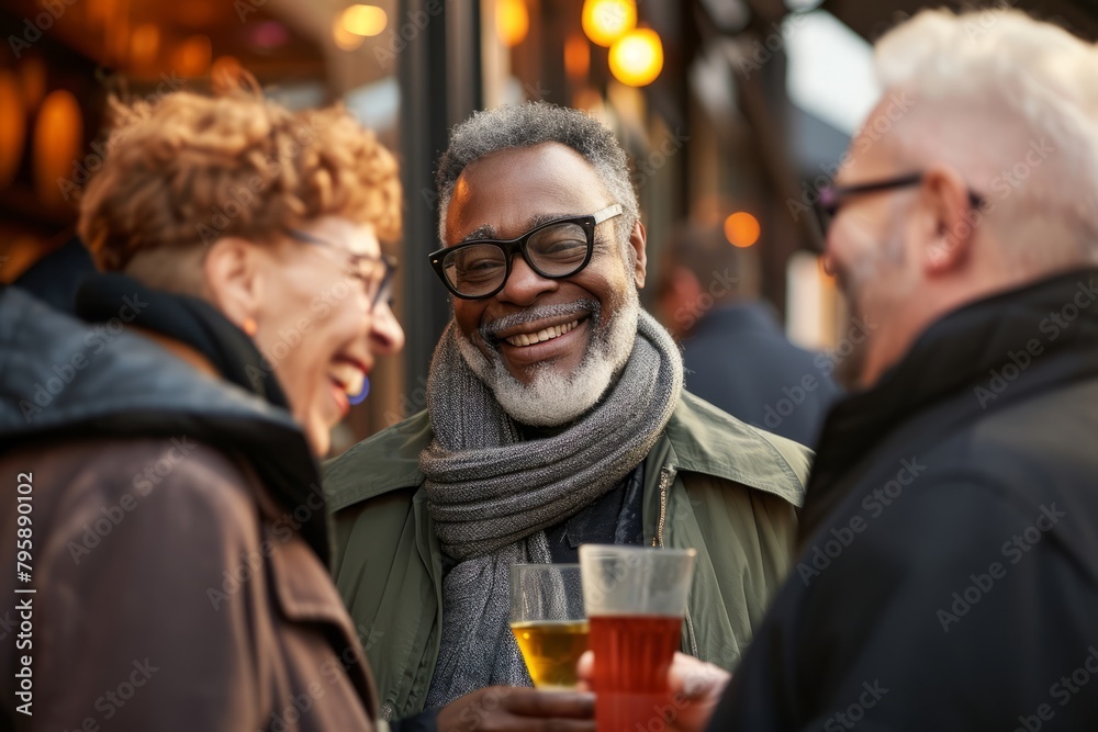 Mature men with glasses of beer on the street in Paris, France