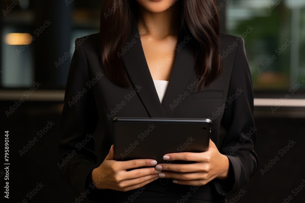 Webinar host promo of an Asian businesswoman in a black suit, smiling and holding a laptop, ready to present, isolated on a white background