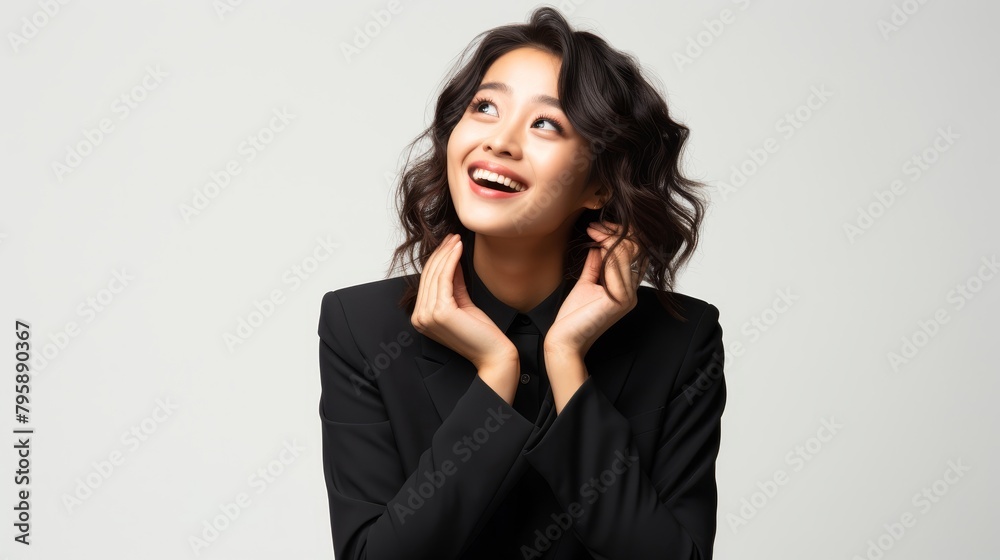 Vibrant photo of an Asian businesswoman in a black suit, her smile engaging as she presents a laptop, on a white isolated backdrop Vibrant photo of an Asian businesswoman in a black suit, her smile engaging as she presents a laptop, on a white isolated backdrop