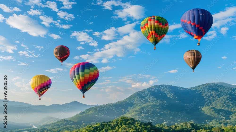 Obraz premium Colorful hot air balloons on a beautiful mountain background
