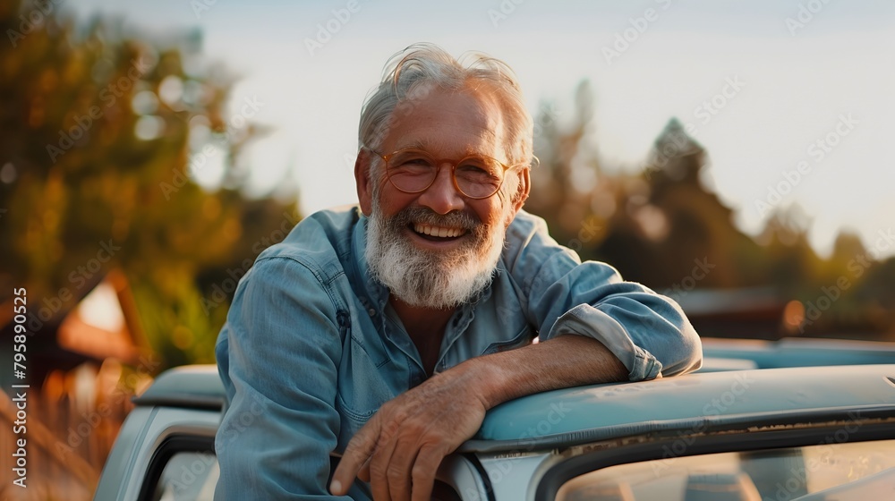 Mature Man Finds Contentment Leaning on Pickup Truck in Tranquil Landscape