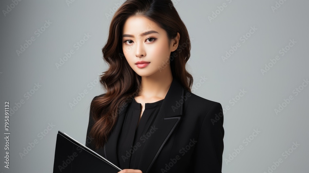 Studio shot of an Asian businesswoman in a tailored black suit, exuding confidence with a laptop in hand and a bright smile, on a white background Studio shot of an Asian businesswoman in a tailored black suit, exuding confidence with a laptop in hand and a bright smile, on a white background