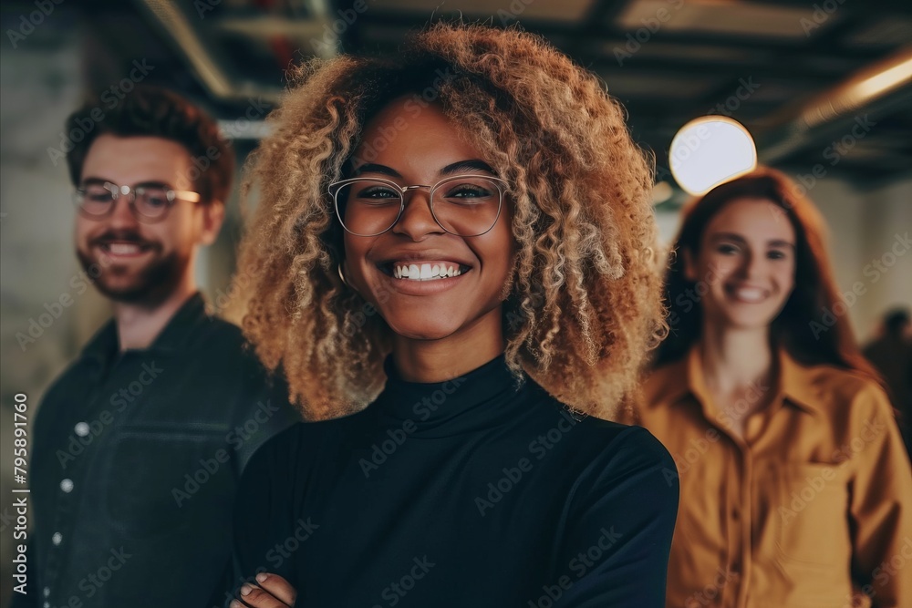 Portrait of a smiling young African American businesswoman with her colleagues in the background. Portrait of a smiling young African American businesswoman with her colleagues in the background.