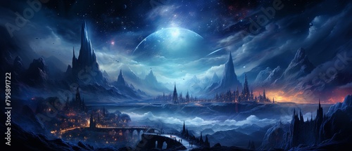 Screen saver depicting a magical midnight realm where celestial bodies are close to the earth, shimmering in the night sky