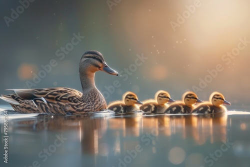 A mother duck and her ducklings are swimming in a body of water