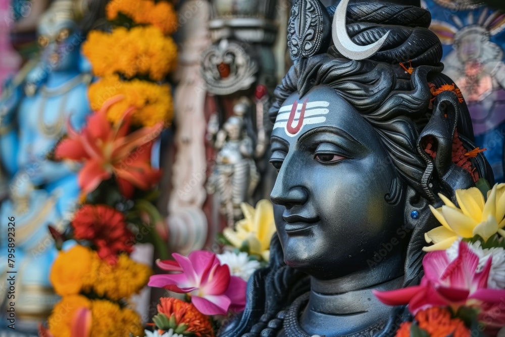 A statue of a Hindu god with a blue and yellow flower crown