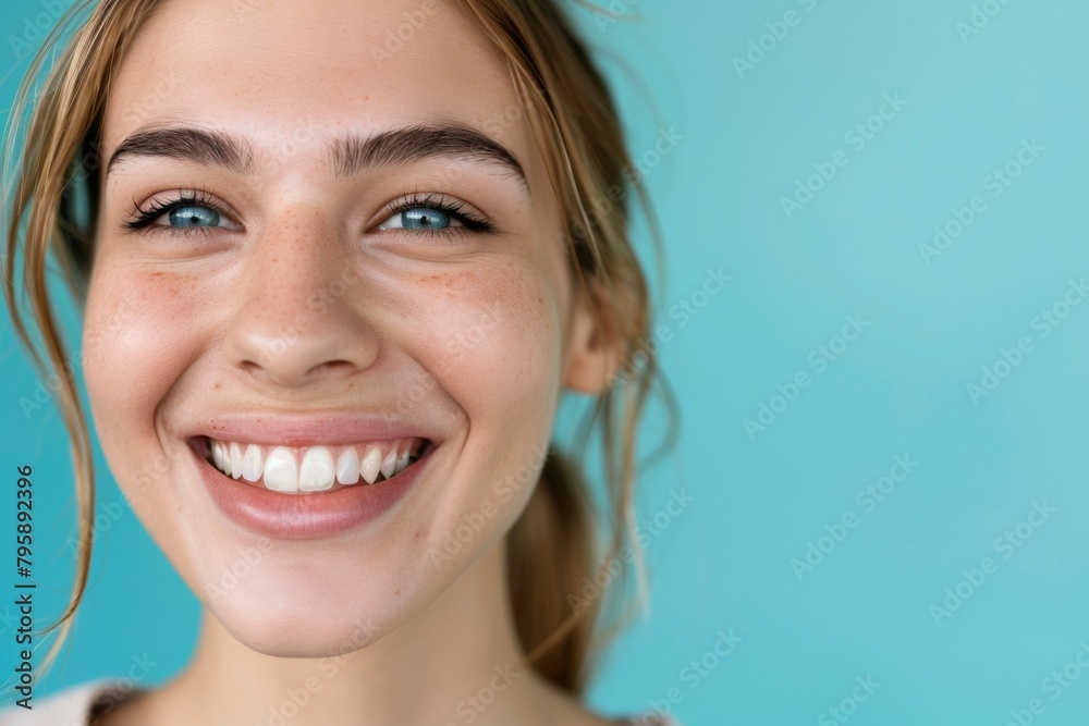 A woman with blue eyes and a smile on her face. Beautiful smile concept A woman with blue eyes and a smile on her face. Beautiful smile concept