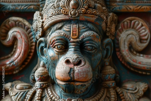 A statue of a monkey with a blue face and gold trim © top images