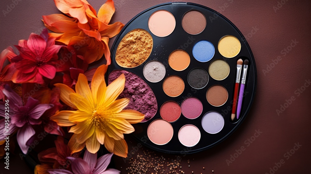 Professional makeup flat lay, suitable for beauty bloggers focusing on film and theater makeup essentials Professional makeup flat lay, suitable for beauty bloggers focusing on film and theater makeup essentials