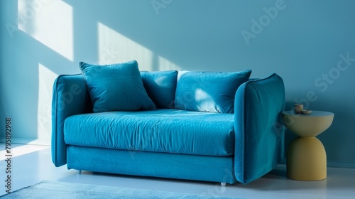 Sleek blue sleeper sofa in a minimalist setting, embodying multifunctionality and eco design, isolated background