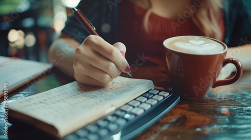 Close up working women handcaculate financial and note on paper with favorite cup of coffee hot latte