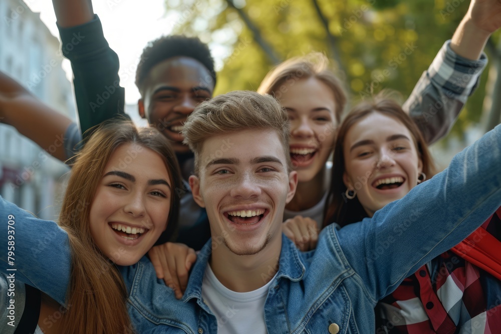 Group of happy students. Group of young people smiling while standing together outdoors