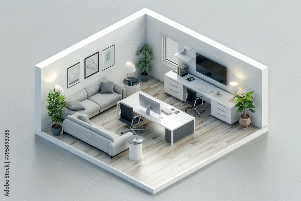 A small room with a couch, a chair, a desk, a television, and a potted plant A small room with a couch, a chair, a desk, a television, and a potted plant