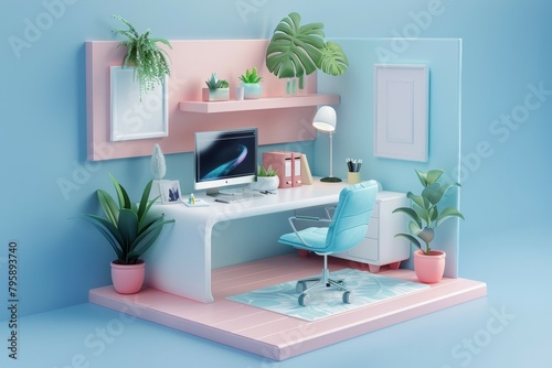 A small office space with a desk, chair, and potted plants © Space Priest