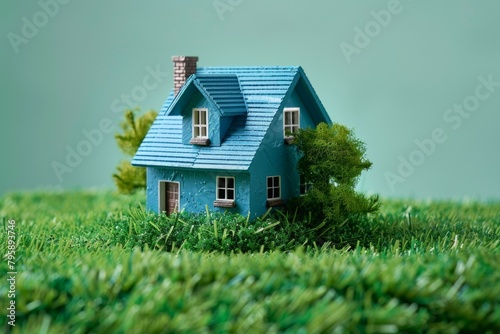 A blue house is sitting on a grassy field