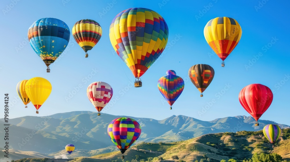 Fototapeta premium Colorful hot air balloons on a beautiful mountain background
