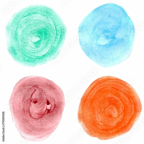 Hand painted colorful watercolor circles and dots on white background.