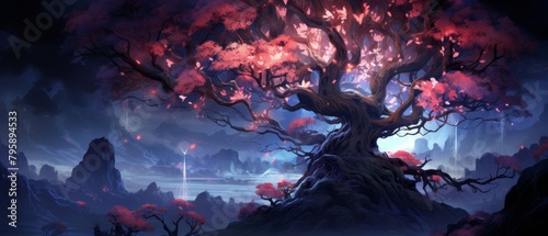 Illustration of an ancient tree with luminous flowers and mystical creatures for an ereader midnight realm screen saver photo