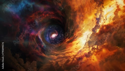 Swirling fiery vortex draws from vast cosmos, iridescent gases coalescing into shimmering rainbow. Radiant colors bridge reality and dreams, casting aura of wonder and awe.
 photo