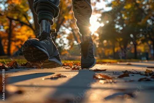 A person with a prosthetic leg is walking on a sidewalk. Disabled athlete concept