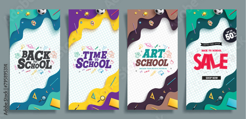Back to school vector poster set design. Time to school, art school and promotion sale text in paper cut template for educational banner collection. Vector illustration school greeting poster set. 
