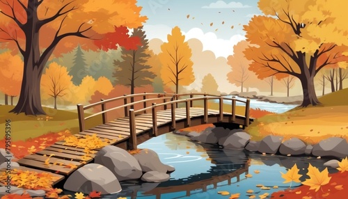 The small bridge reflects in the calm waters below, surrounded by a vibrant tapestry of red, orange, and yellow leaves that blanket the forest floor. © StockHub