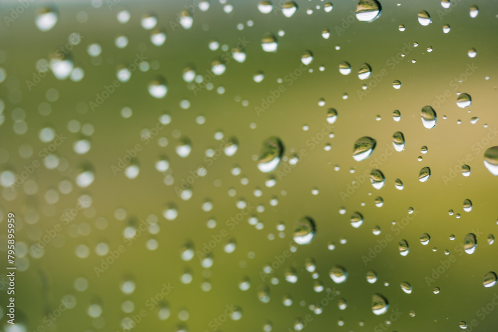Drops of water on a wet glass with natural green background. Rain drops pattern on smooth surface. Summertime rainy day. Abstract natural wallpaper. 