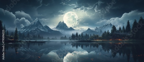 Ereader screen showcasing a serene lake reflecting the moon, surrounded by magical mist and mystical creatures