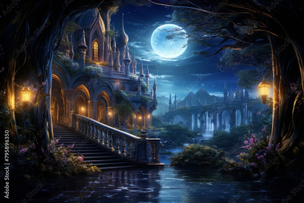 Ereader screen saver featuring a midnight scene with a mystical bridge arching over a glowing blue river