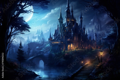 Ereader screen saver of a mysterious castle shrouded in moonlight, nestled in an enchanted forest at midnight