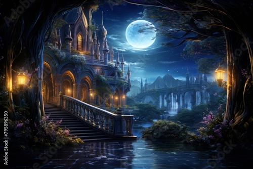 Ereader screen saver featuring a midnight scene with a mystical bridge arching over a glowing blue river