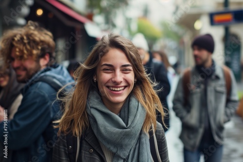 Portrait of a happy young woman with long hair in the city
