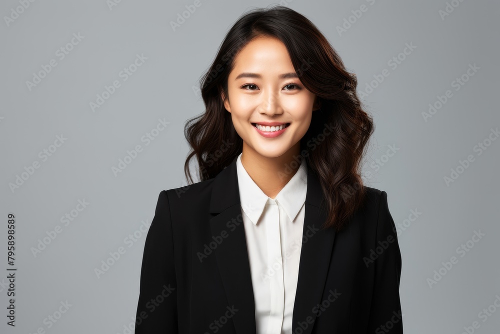 Business profile shot of an Asian businesswoman in a black suit, holding a laptop with a smile that communicates friendliness and professionalism, isolated on white Business profile shot of an Asian businesswoman in a black suit, holding a laptop with a smile that communicates friendliness and professionalism, isolated on white