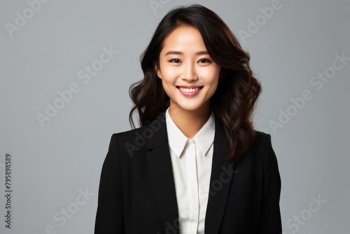 Business profile shot of an Asian businesswoman in a black suit, holding a laptop with a smile that communicates friendliness and professionalism, isolated on white