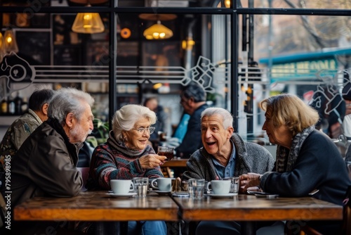 Group of senior friends drinking coffee and talking together in a cafe in Paris, France